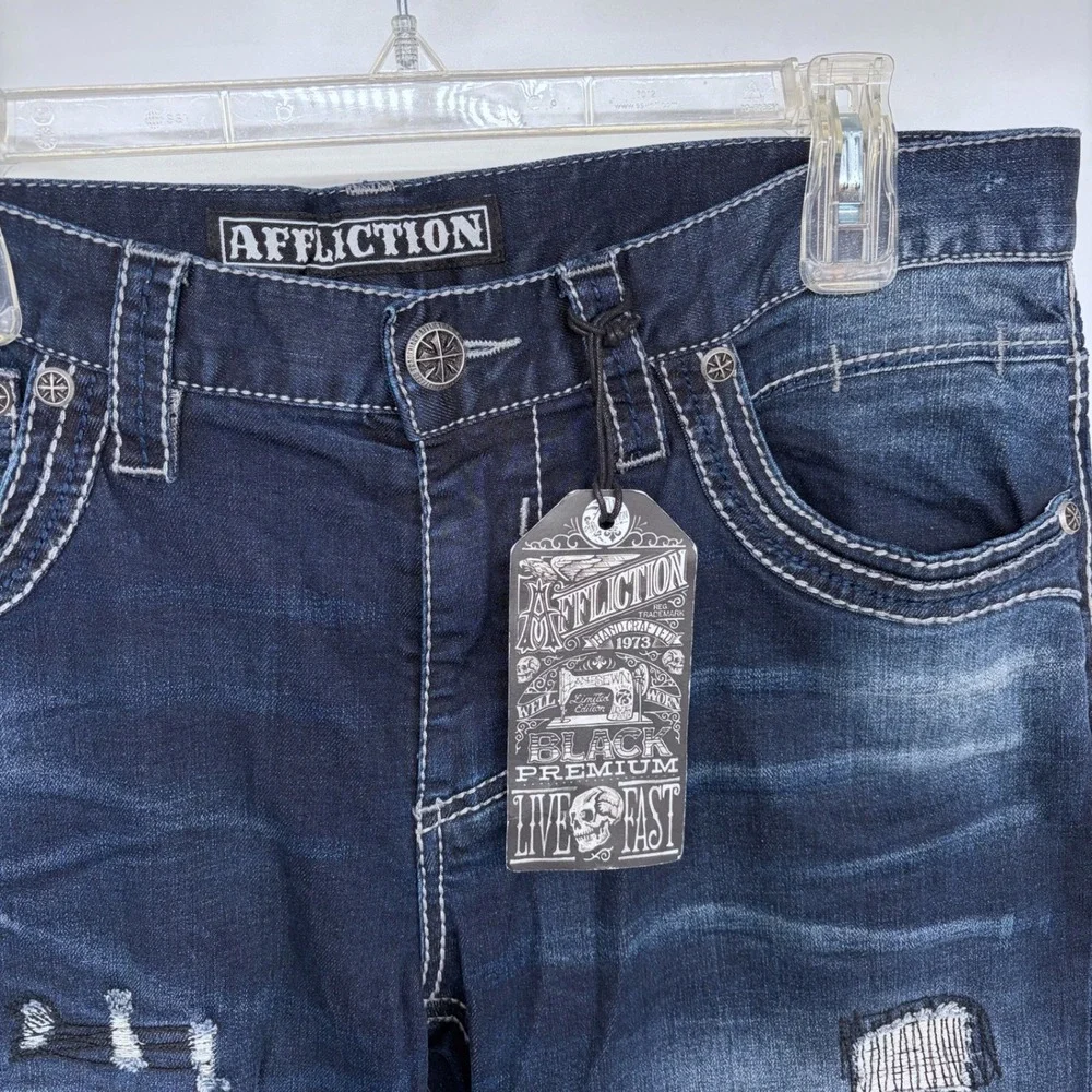 New Mens‎ Affliction Blake Blue Jeans Size 34 Distressed Style Grunge Straight